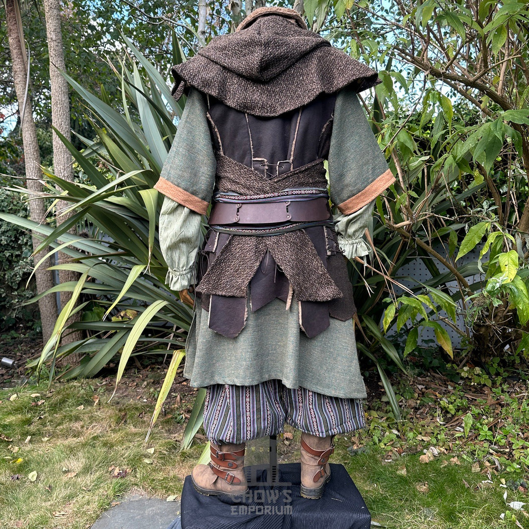 LARP-Outfit für Schurken-Druiden – 7 Teile: Jacke, Kapuze, Armschienen, Tunika, Hose, Gürtel, Schärpe