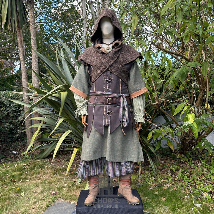 LARP-Outfit für Schurken-Druiden – 7 Teile: Jacke, Kapuze, Armschienen, Tunika, Hose, Gürtel, Schärpe