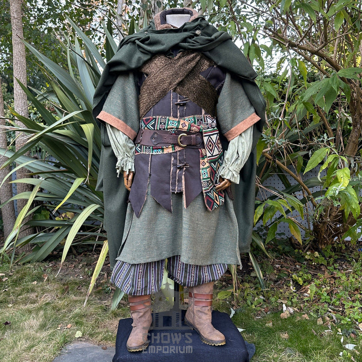 Medieval LARP outfit front view, featuring a green cloak, waistcoat, hood, shirt, trousers, belt and sash. For Renaissance Faire and historical roleplay events.