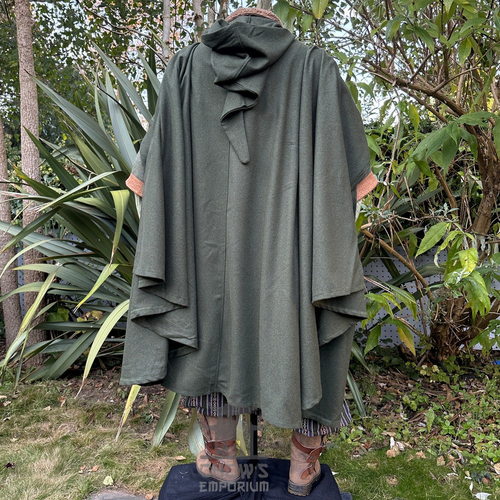 Medieval LARP outfit back view, featuring a green cloak, waistcoat, hood, shirt, trousers, belt and sash. For Renaissance Faire and historical roleplay events.