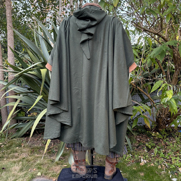 Medieval LARP outfit back view, featuring a green cloak, waistcoat, hood, shirt, trousers, belt and sash. For Renaissance Faire and historical roleplay events.