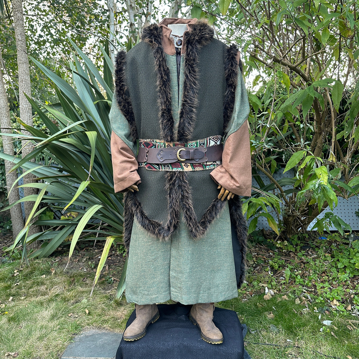 Viking green and brown fur-trimmed cape for LARP, front view.