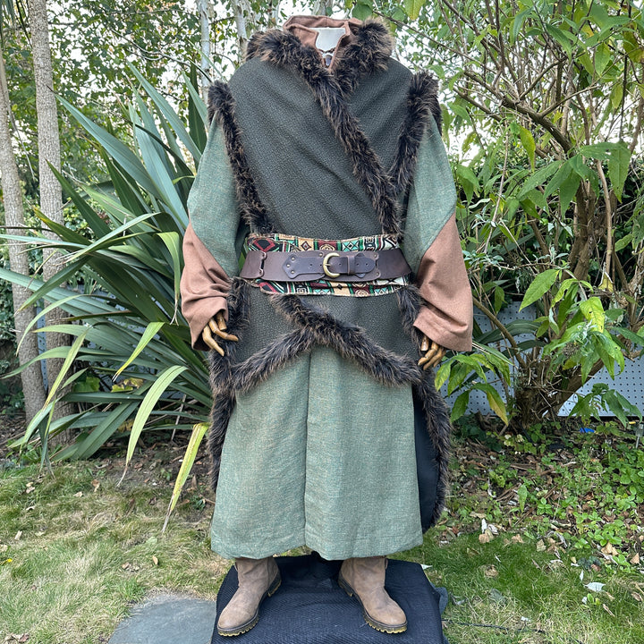 Robe LARP à capuche - Laine à motifs marron et noir - Ajustement ample mi-longueur à manches longues