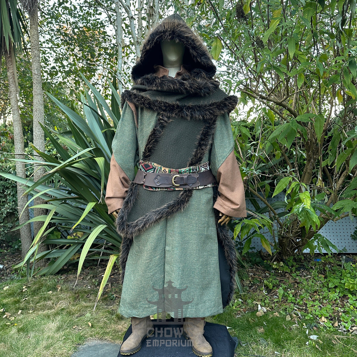 Medieval LARP outfit with hooded cape and ornate belt.