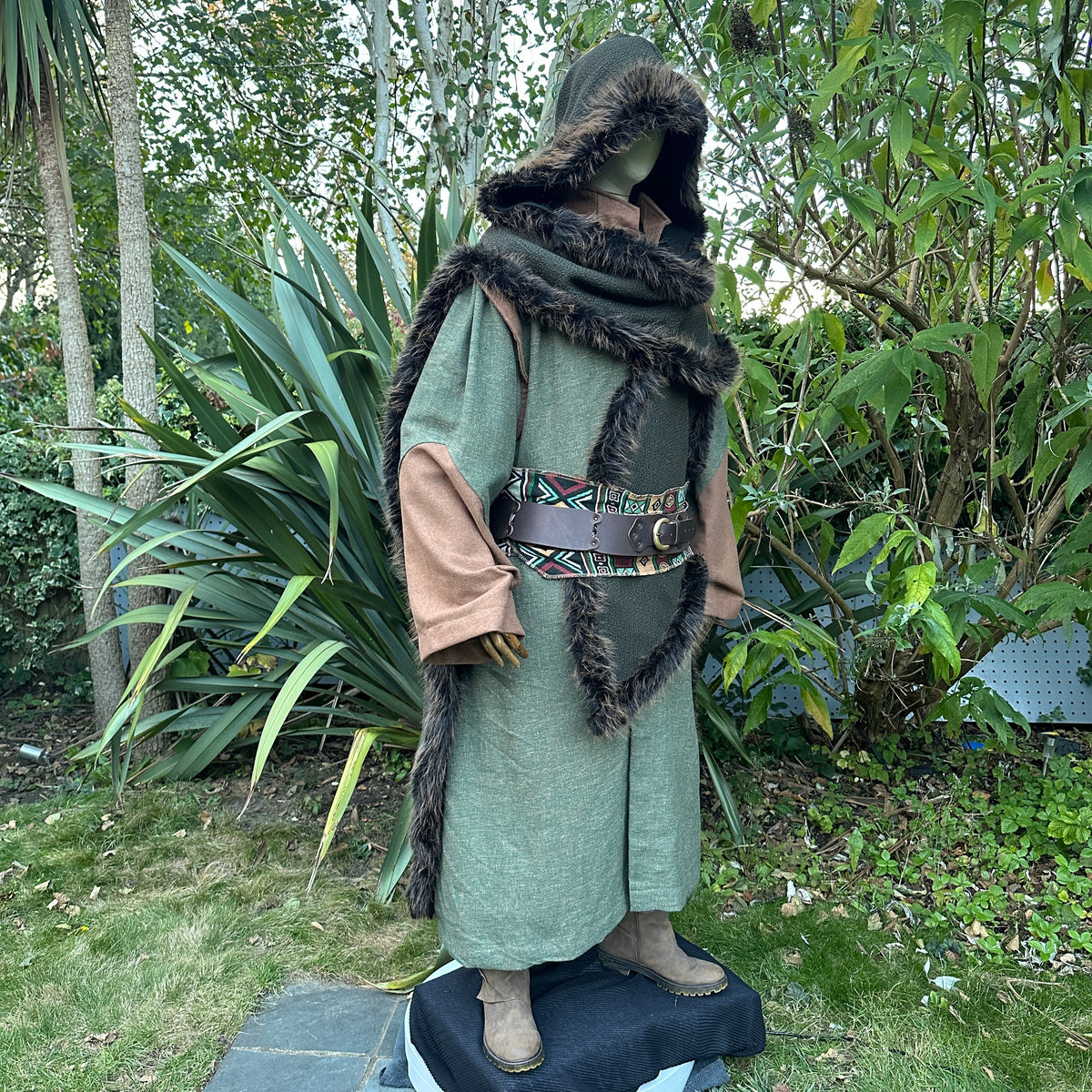 Green and brown Viking fur trim cape for LARP, side view.