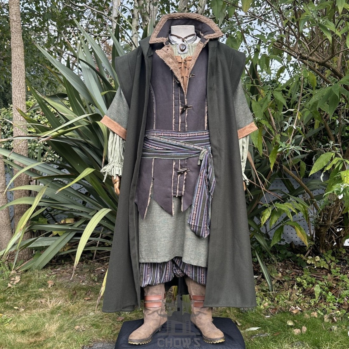 Medieval LARP ranger set with green robe, brown waistcoat, and striped sash.