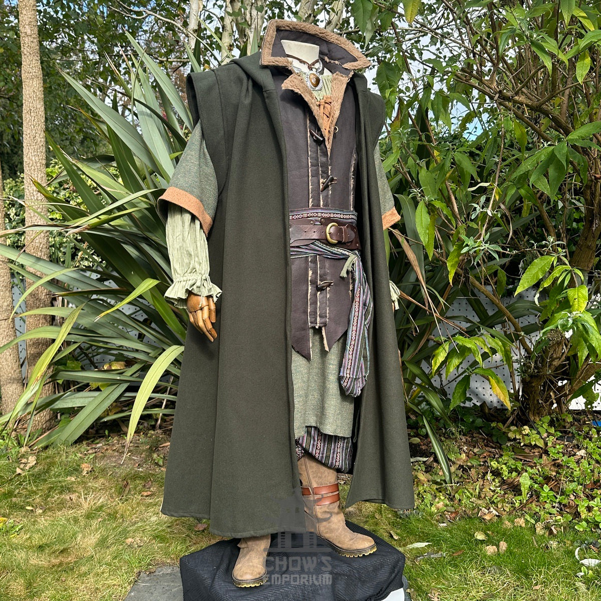 Green hooded sleeveless robe for LARP, draped over medieval attire.