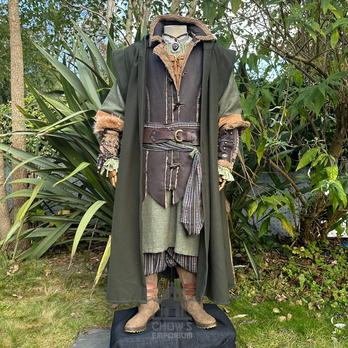 Green sleeveless hooded robe for LARP, front view.