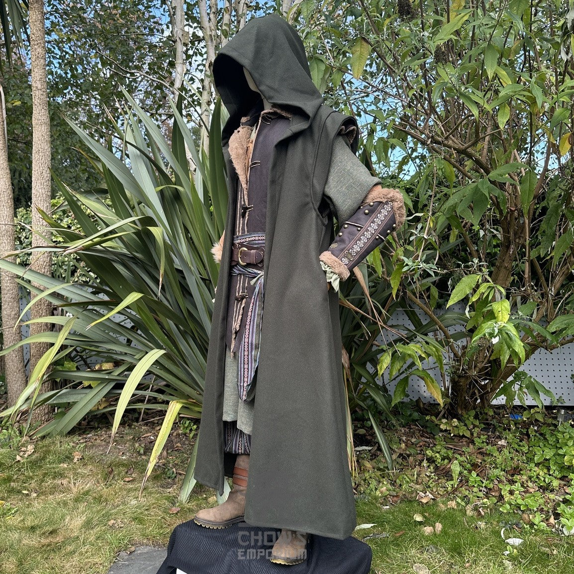 Verdant medieval LARP ranger set with green robe, tunic, and vambraces.