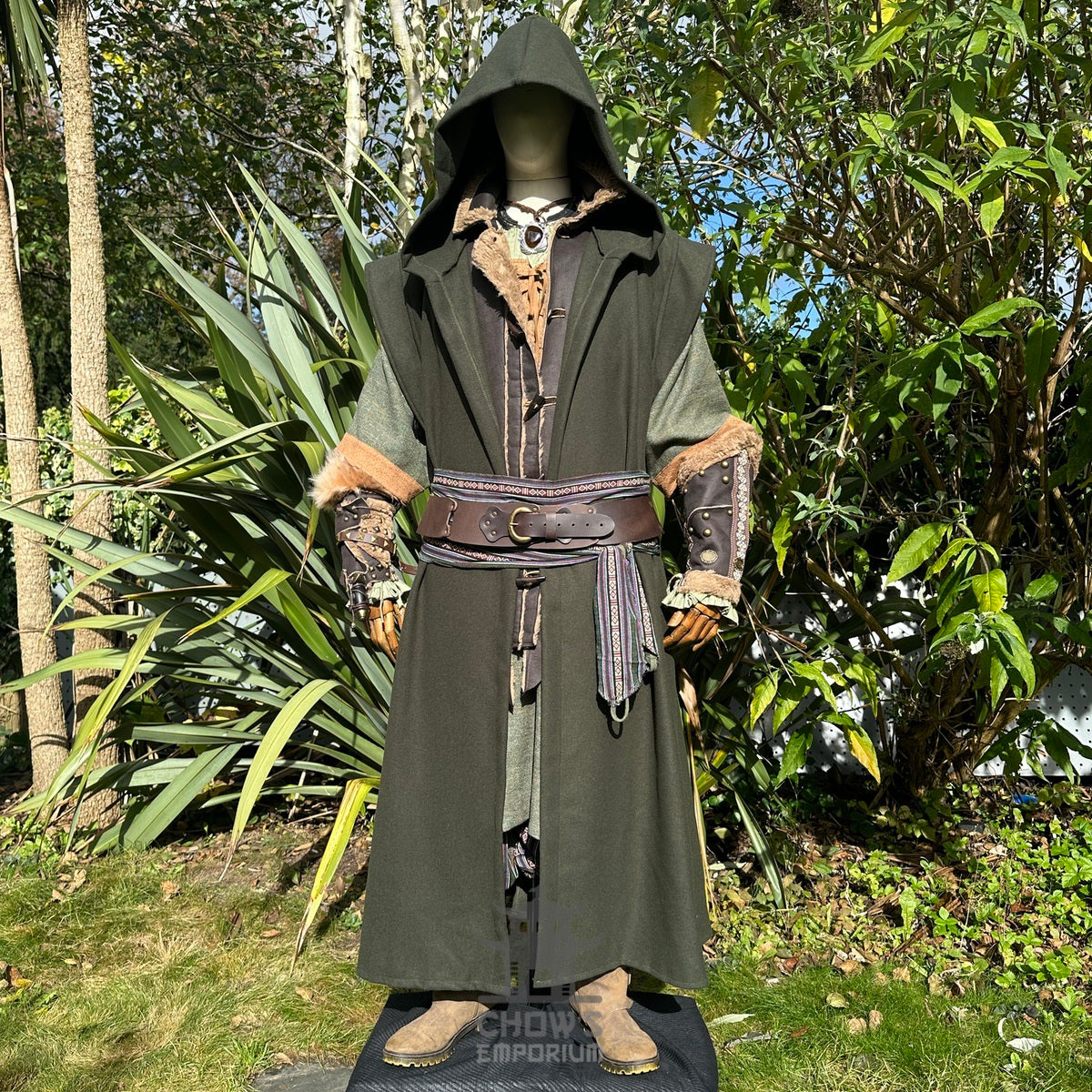 Green hooded sleeveless robe for LARP, front view in lush.