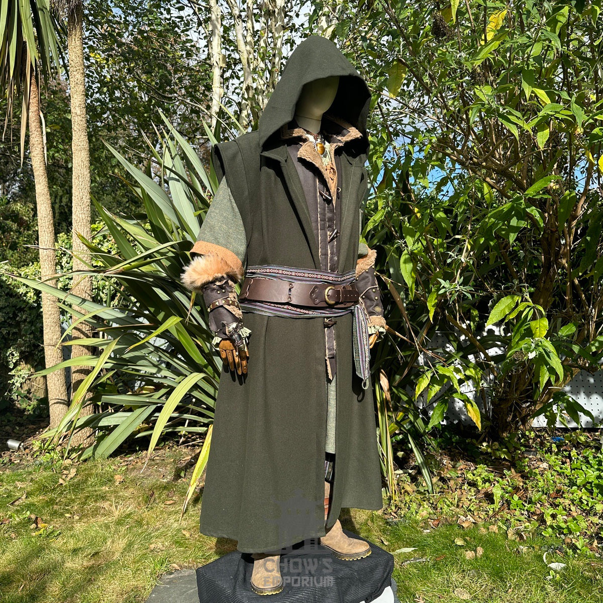 Green hooded sleeveless robe for LARP, medieval style, side view.
