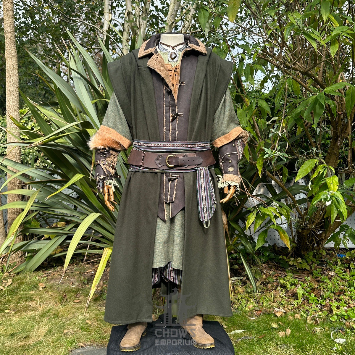 Green hooded sleeveless robe for LARP, displayed front view with fur trim.