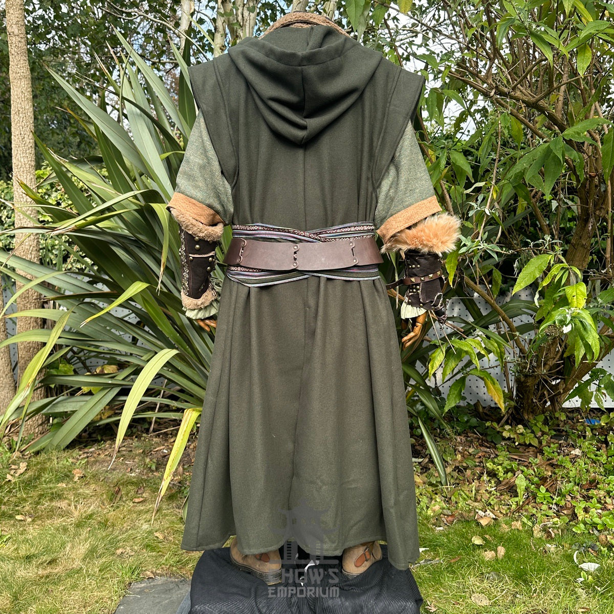 Rear view of green hooded sleeveless robe for medieval LARP.