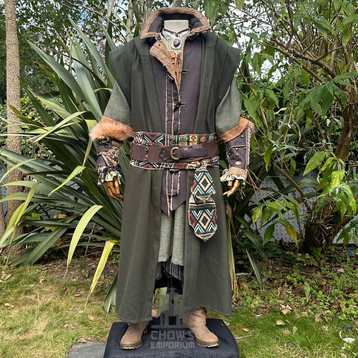 Medieval LARP outfit front view, featuring a green hooded robe, waistcoat, vambraces and sash. For Renaissance Faire and historical roleplay events.