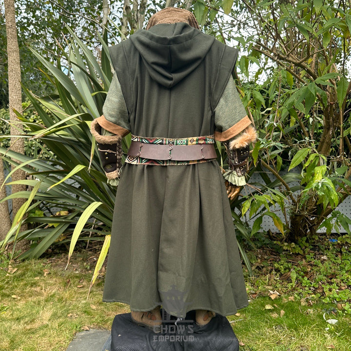 Medieval LARP outfit back view, featuring a green hooded robe, waistcoat, vambraces and sash. For Renaissance Faire and historical roleplay events.