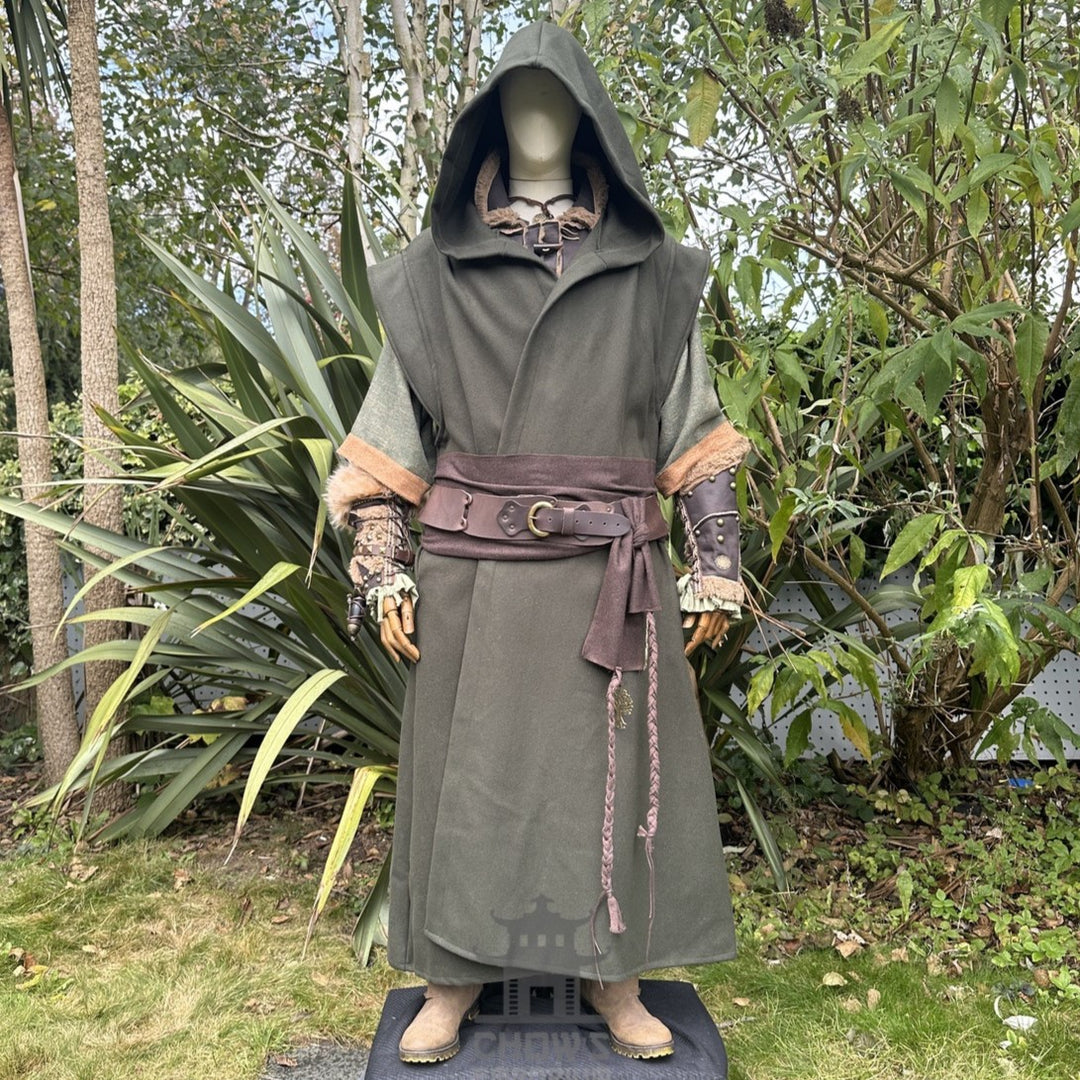 Medieval LARP outfit front view, featuring a green hooded robe, vambraces, belt, and sash. For Renaissance Faire and historical roleplay events.