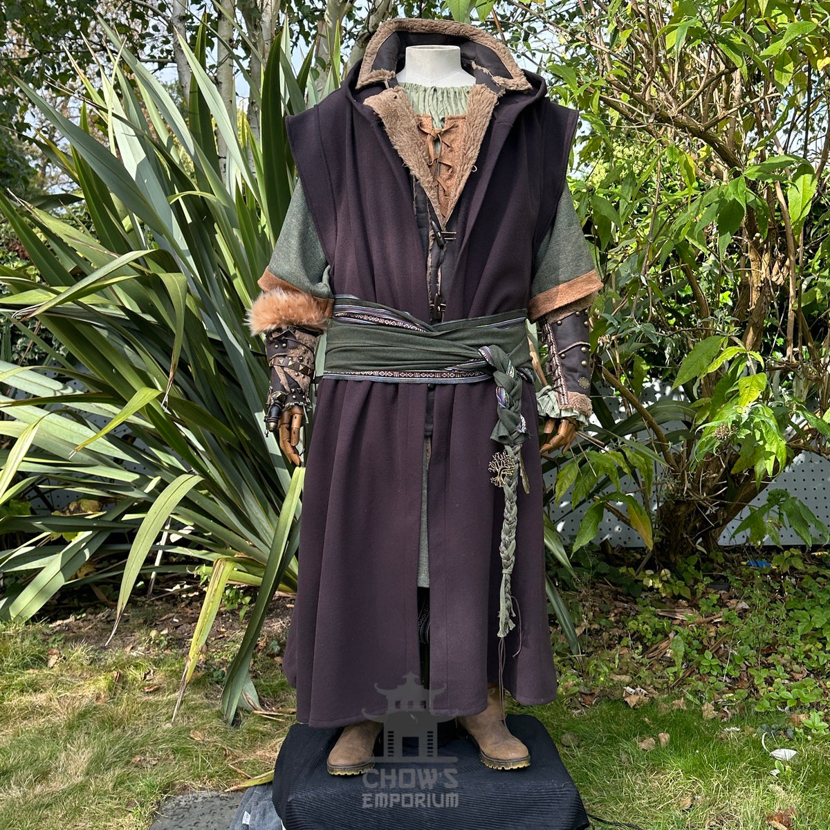Forest Wanderer LARP Outfit with brown robe, green waistcoat, and vambraces.