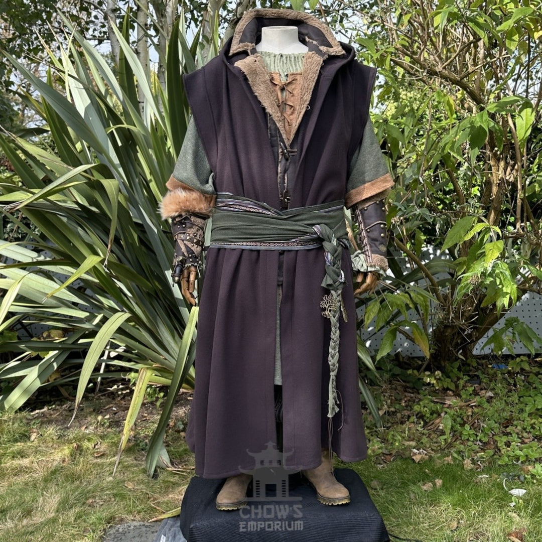 Medieval LARP outfit front view, featuring a brown hooded robe, vambraces, tunic, and sash. For Renaissance Faire and historical roleplay events.