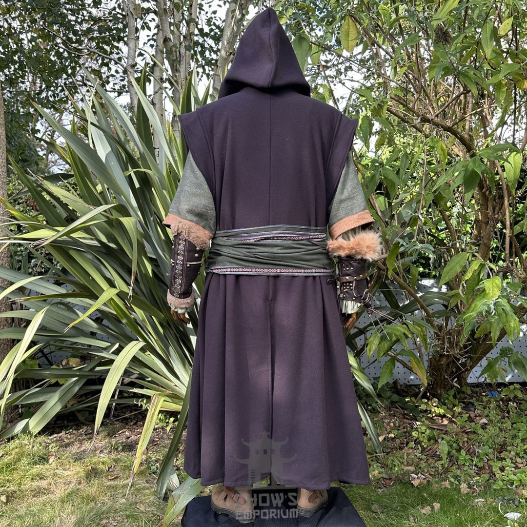 LARP-Outfit für Schurken-Druiden – 7 Teile: Jacke, Kapuze, Armschienen, Tunika, Hose, Gürtel, Schärpe
