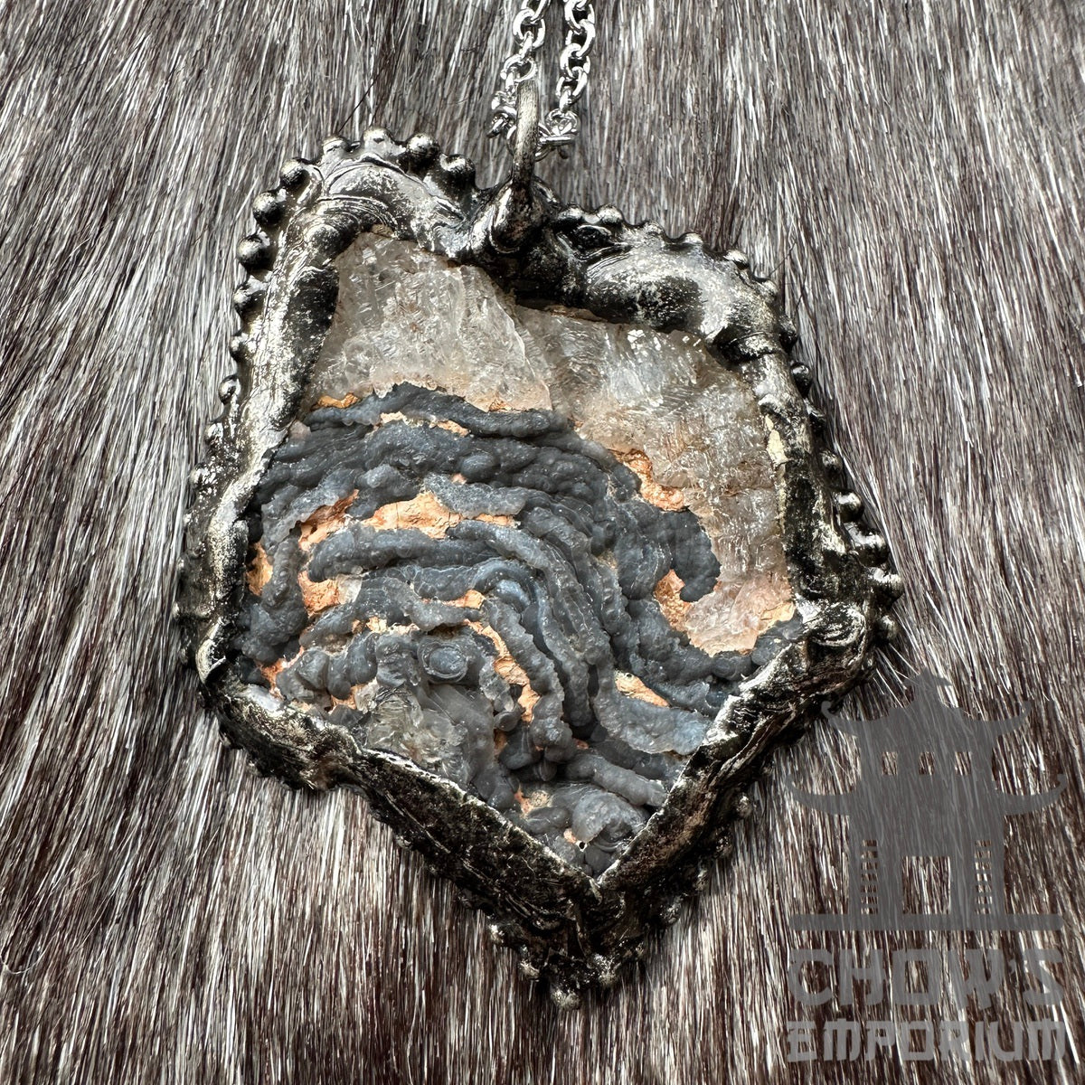 White and grey crystal quartz necklace on fur, medieval LARP jewellery.