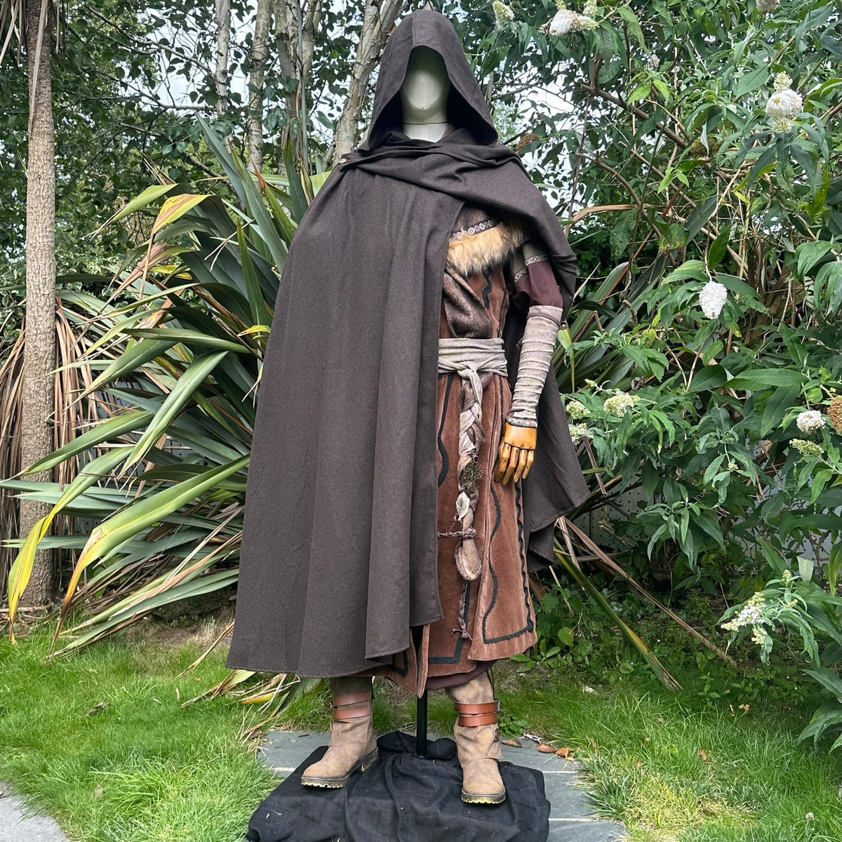 Medieval LARP forest ranger set with brown cloak, hood, arm wraps, and sash.