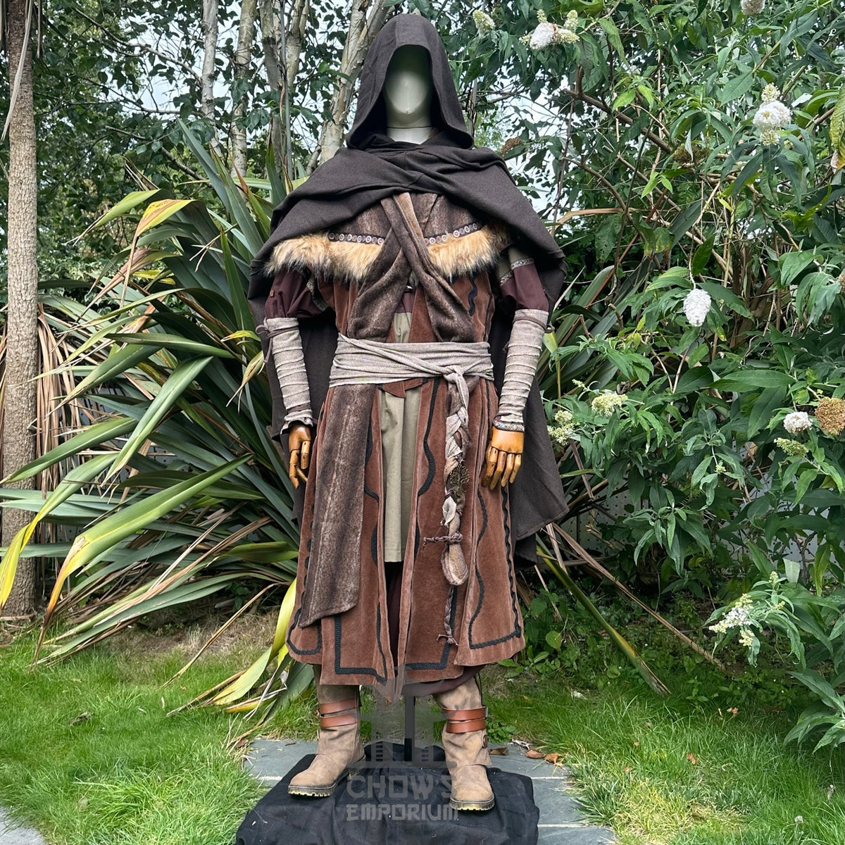 Brown hooded LARP cloak worn open over outfit, medieval fantasy cosplay costume for rangers or.