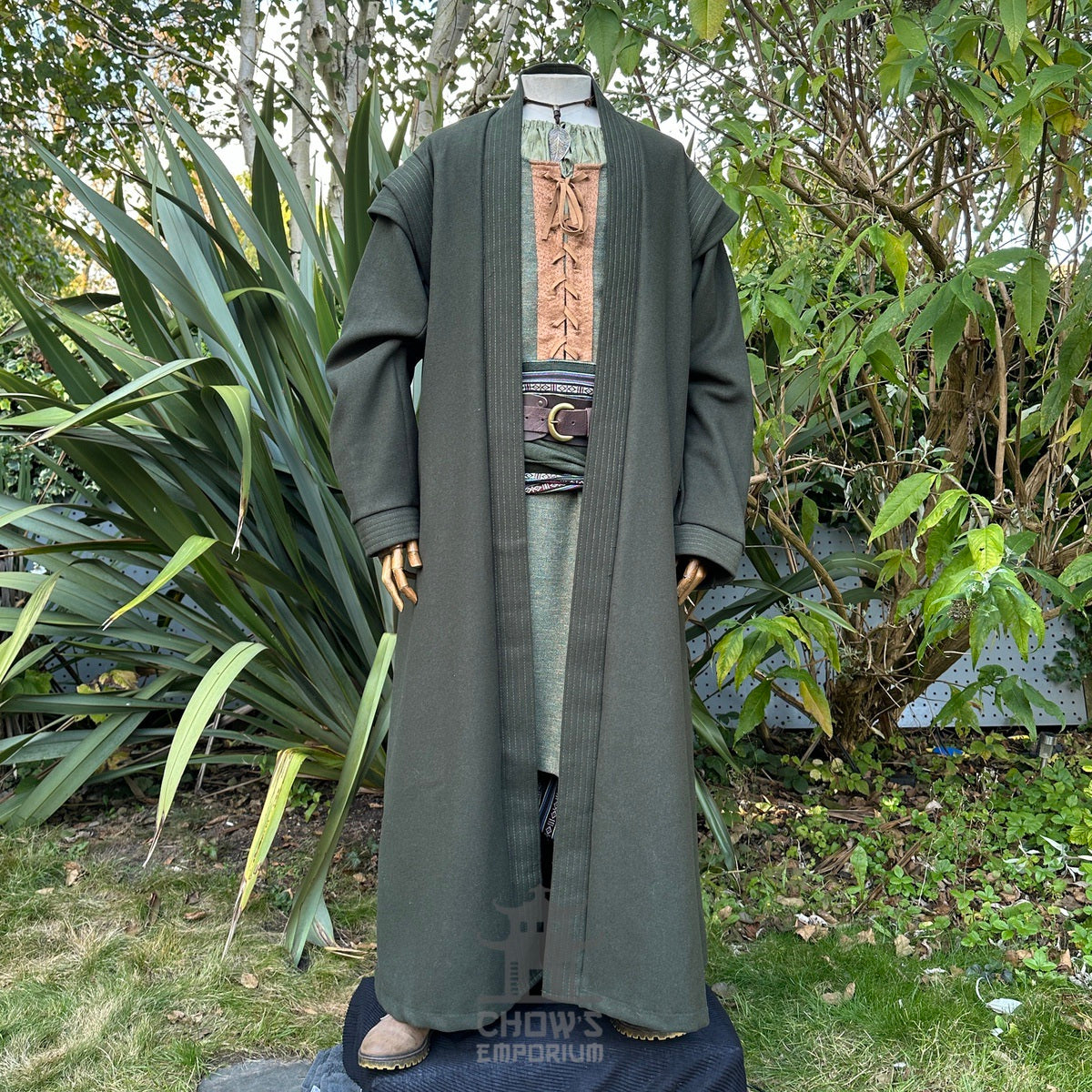 Medieval LARP outfit front view, featuring a green full length robe, tunic, and sash.