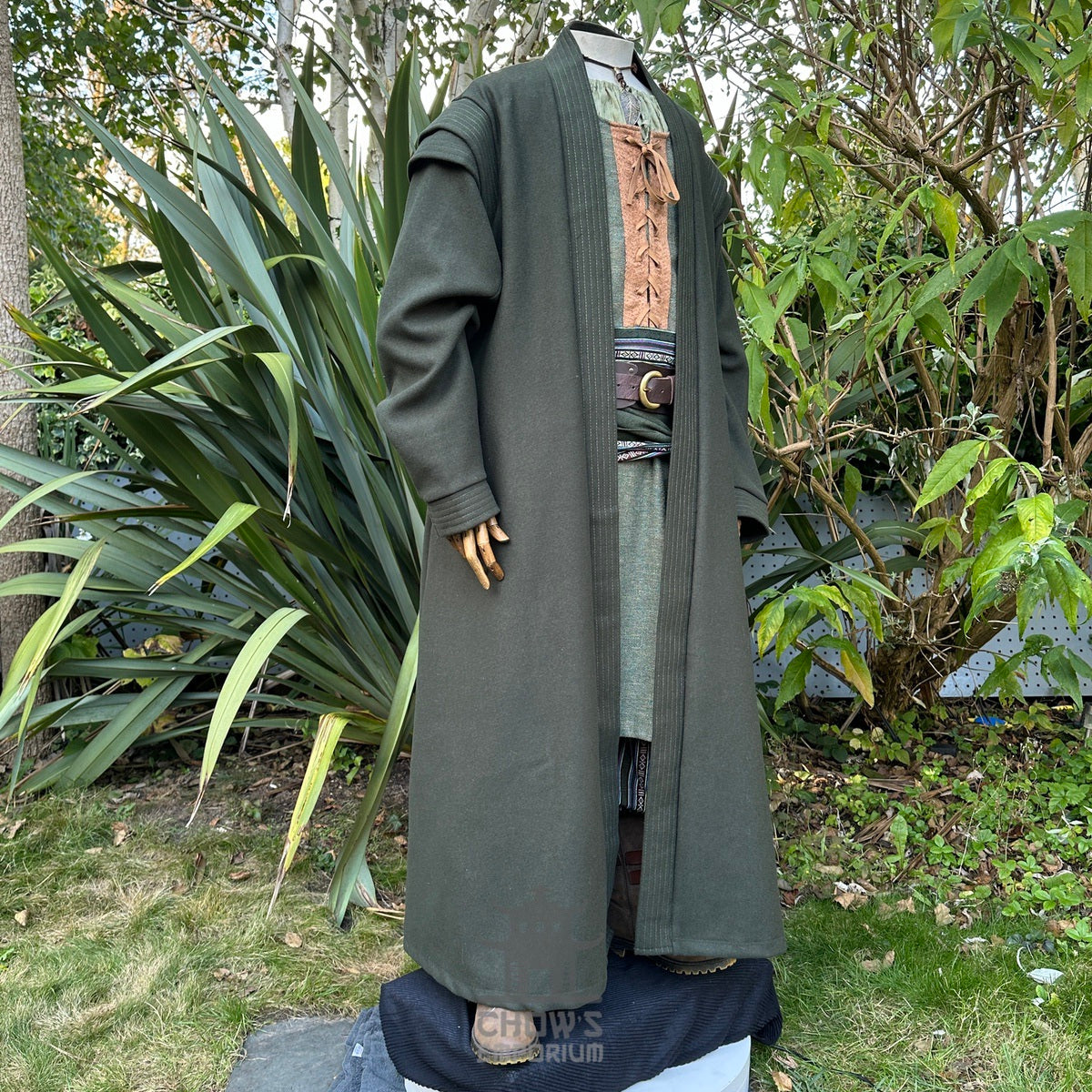 Medieval LARP noble robe front view, forest green with detailed trim.