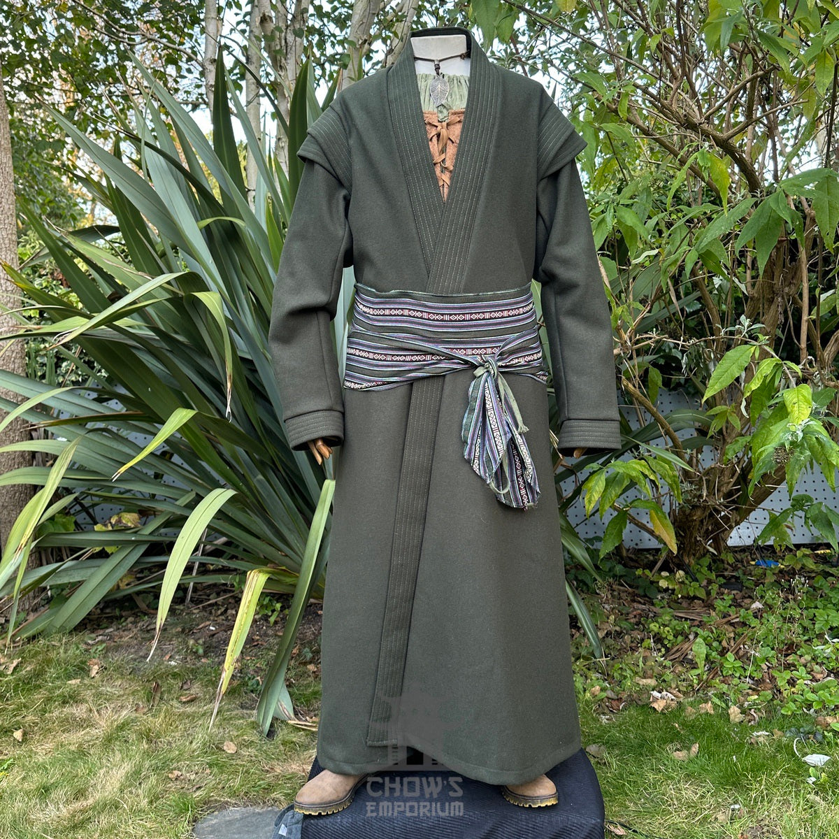 Closed front view of green LARP robe, authentic medieval fantasy cosplay costume with belt and.