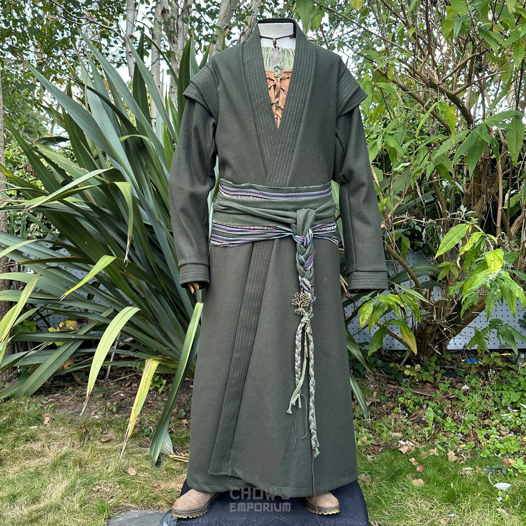 Forest Wizard LARP outfit with green robe, tunic, and patterned sash.
