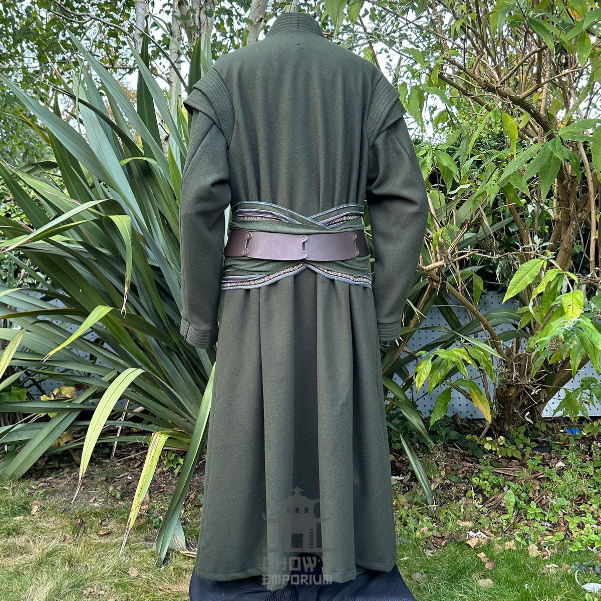 Back shot of green LARP robe with decorative sash.
