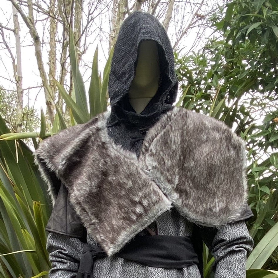 Medieval LARP outfit front view, featuring a grey wrap-around hood, and grey faux-fur mantle. For Renaissance Faire and historical roleplay events.