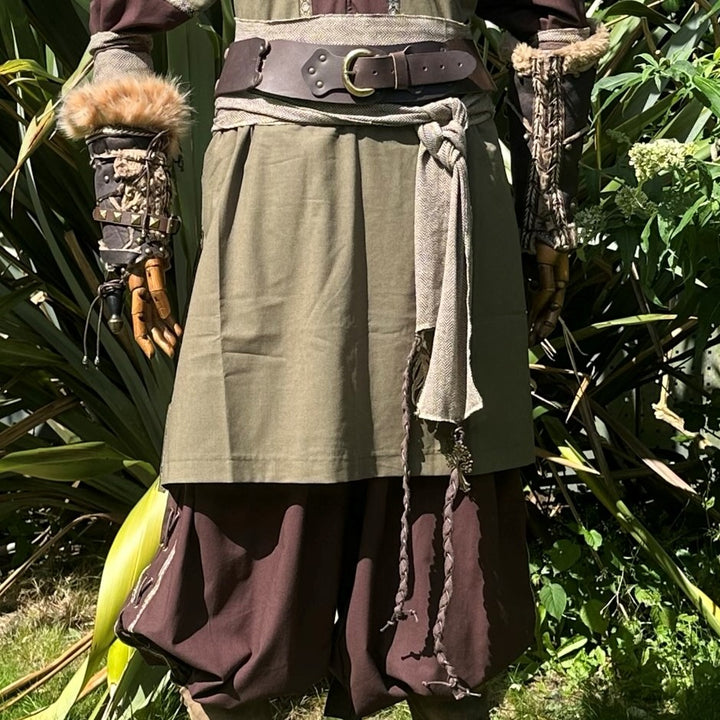 Forest Wild Ranger LARP Outfit - 6 Pieces; Green & Brown Tunic, Hood, Vambraces, Pants, Belt, Sash - Chows Emporium Ltd