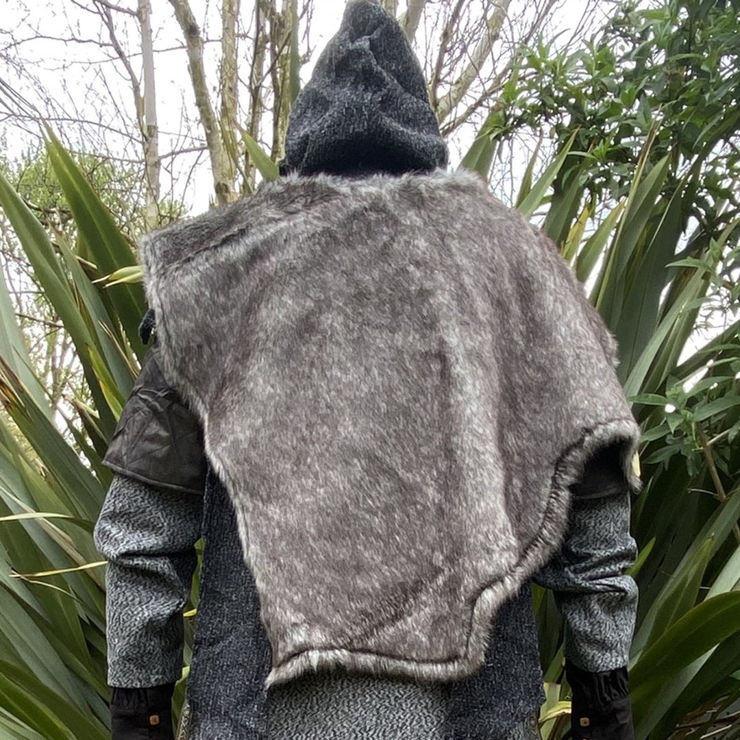 Medieval LARP outfit back view, featuring a grey wrap-around hood, and grey faux-fur mantle. For Renaissance Faire and historical roleplay events.