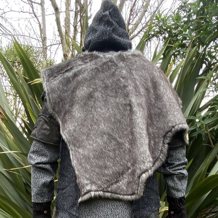 Medieval LARP outfit back view, featuring a grey wrap-around hood, and grey faux-fur mantle. For Renaissance Faire and historical roleplay events.