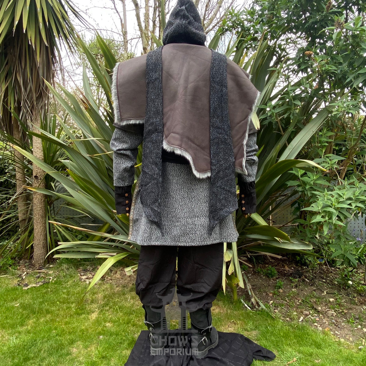 Grey LARP hood and mantle, back view, medieval style, textured fabric.