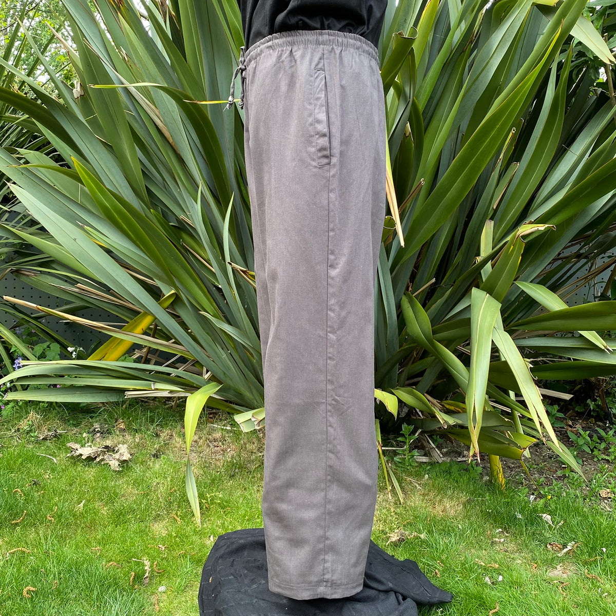 Side view of medieval LARP pants with elastic waist in.