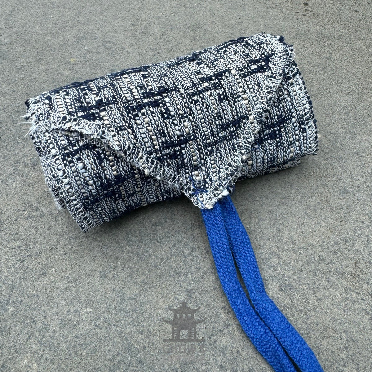 Blue and white knitted LARP belt and sash set, buffalo leather trim.