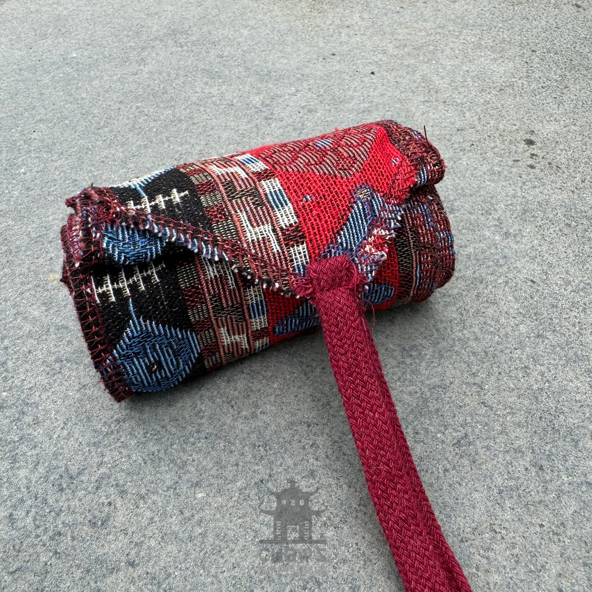 Red Aztec pattern LARP belt and sash set in buffalo leather.