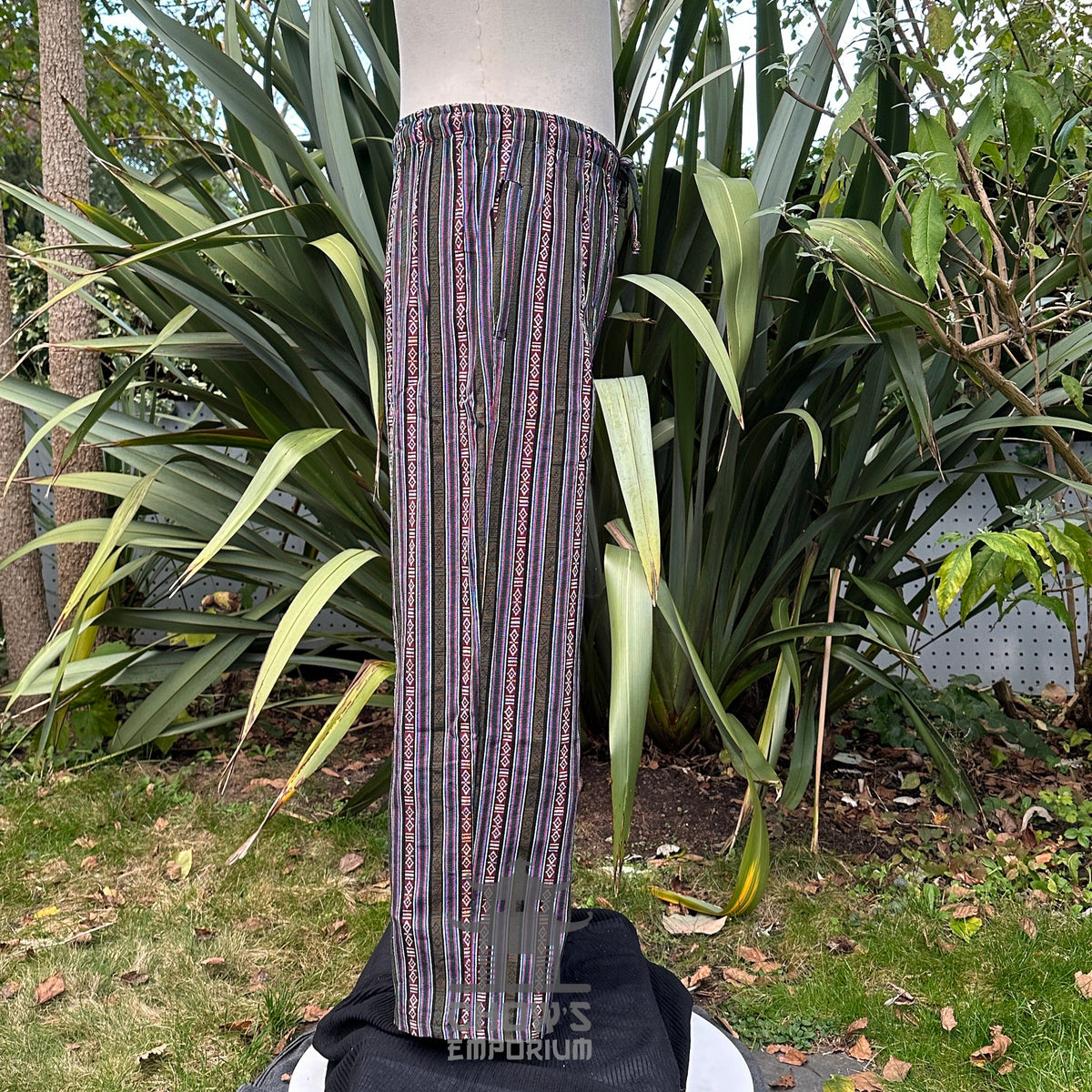 Vertical front view of medieval LARP pants with striped pattern.