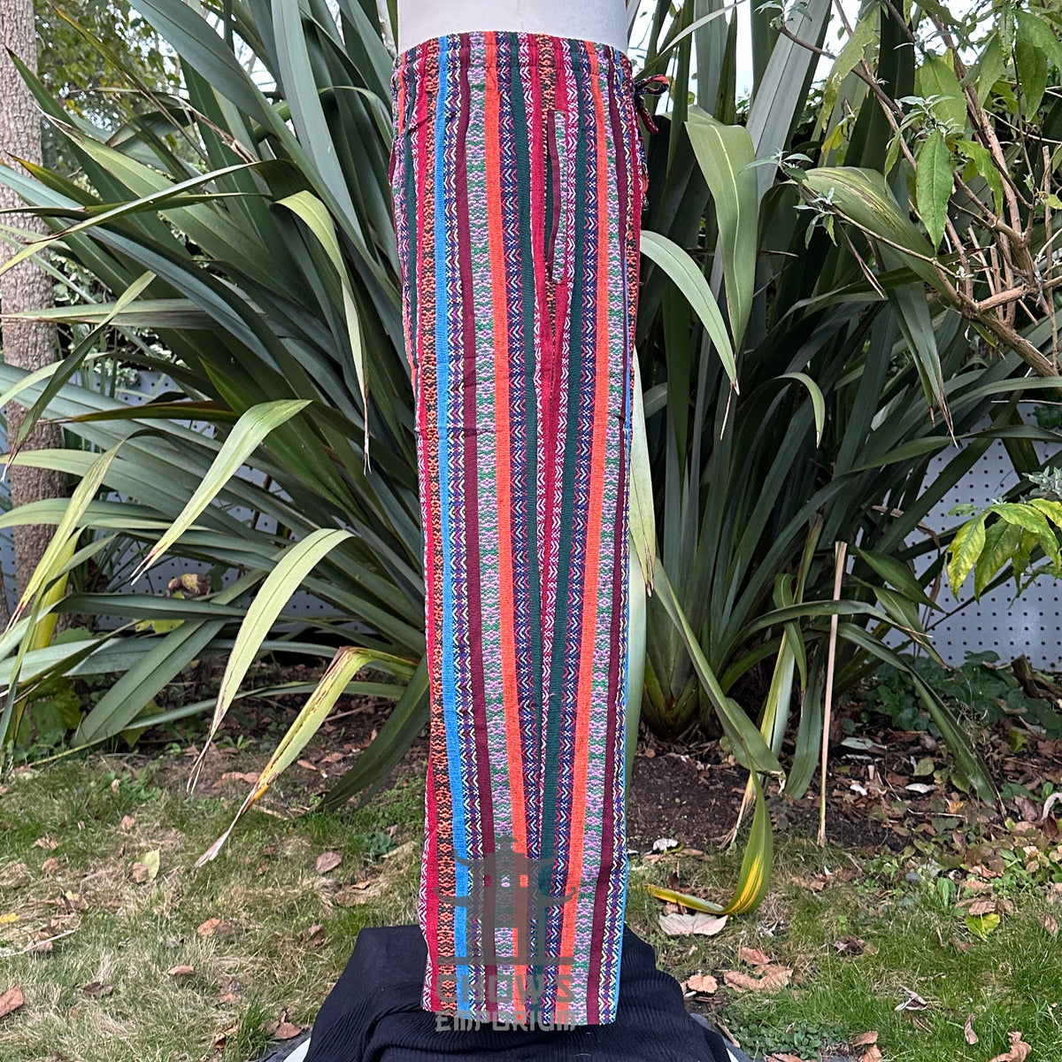 Side profile of striped cotton trousers for medieval LARP costume.