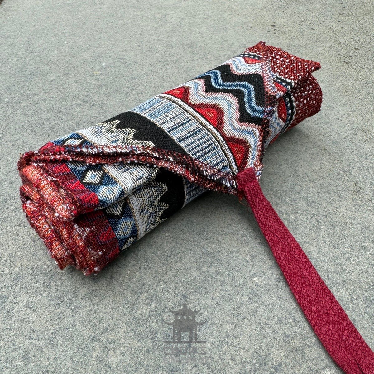 Red, white, blue patterned LARP belt and sash set in buffalo leather.