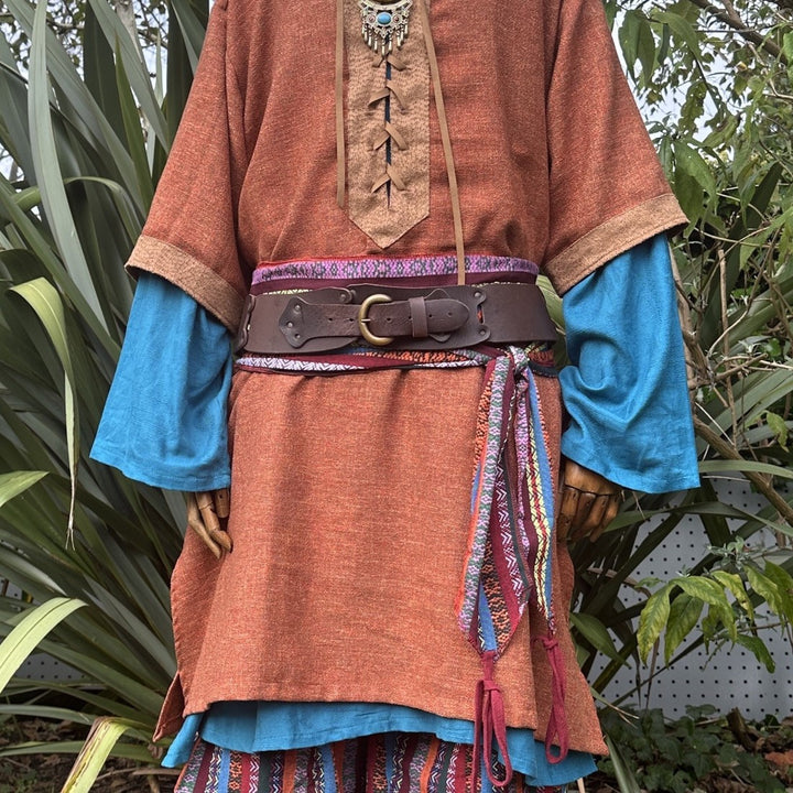LARP Belt and Sash Set - Red Multi Pattern - Buffalo Leather