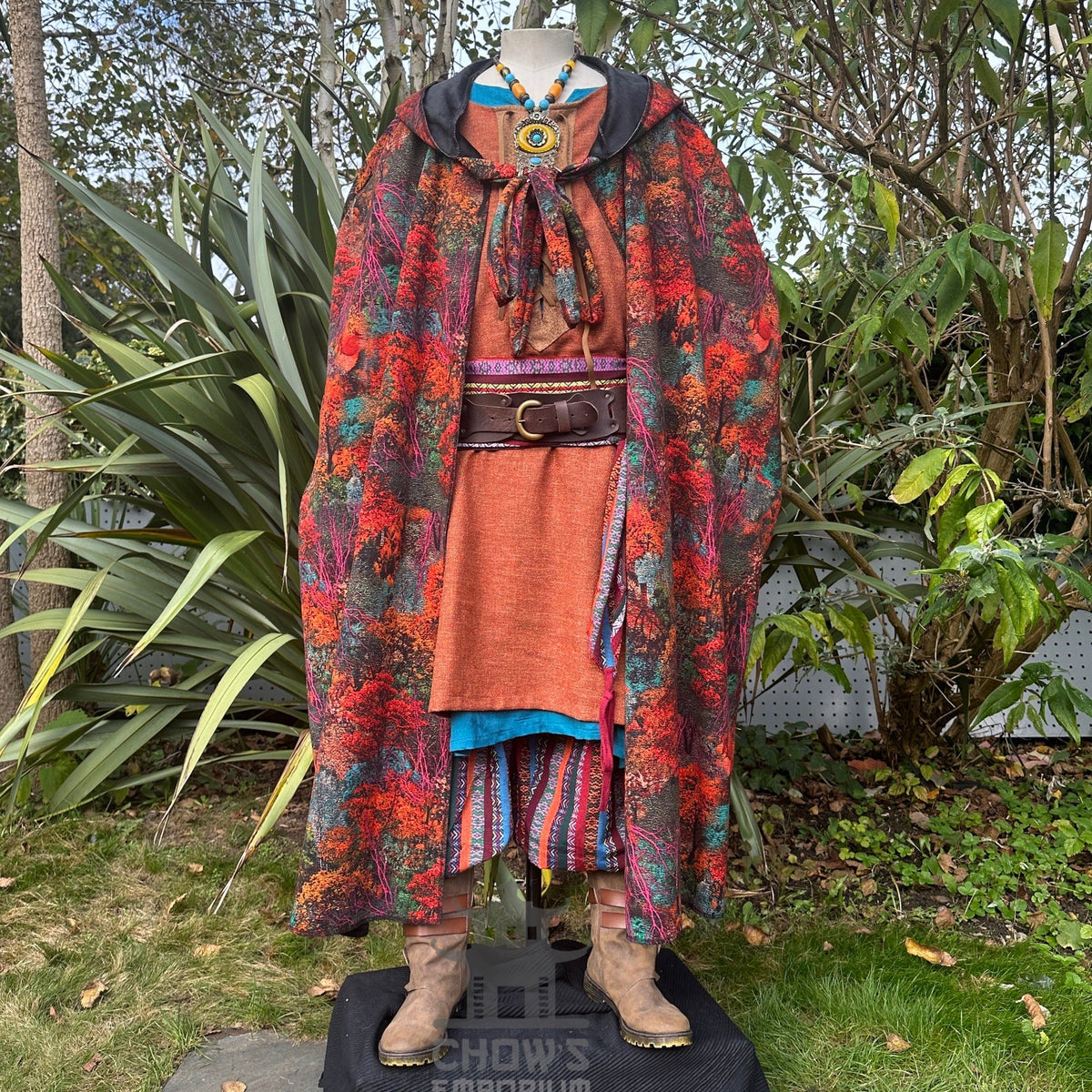 Front view of Autumn Druid Cloak with autumn leaf pattern, fur lining, and hood—fantasy medieval.