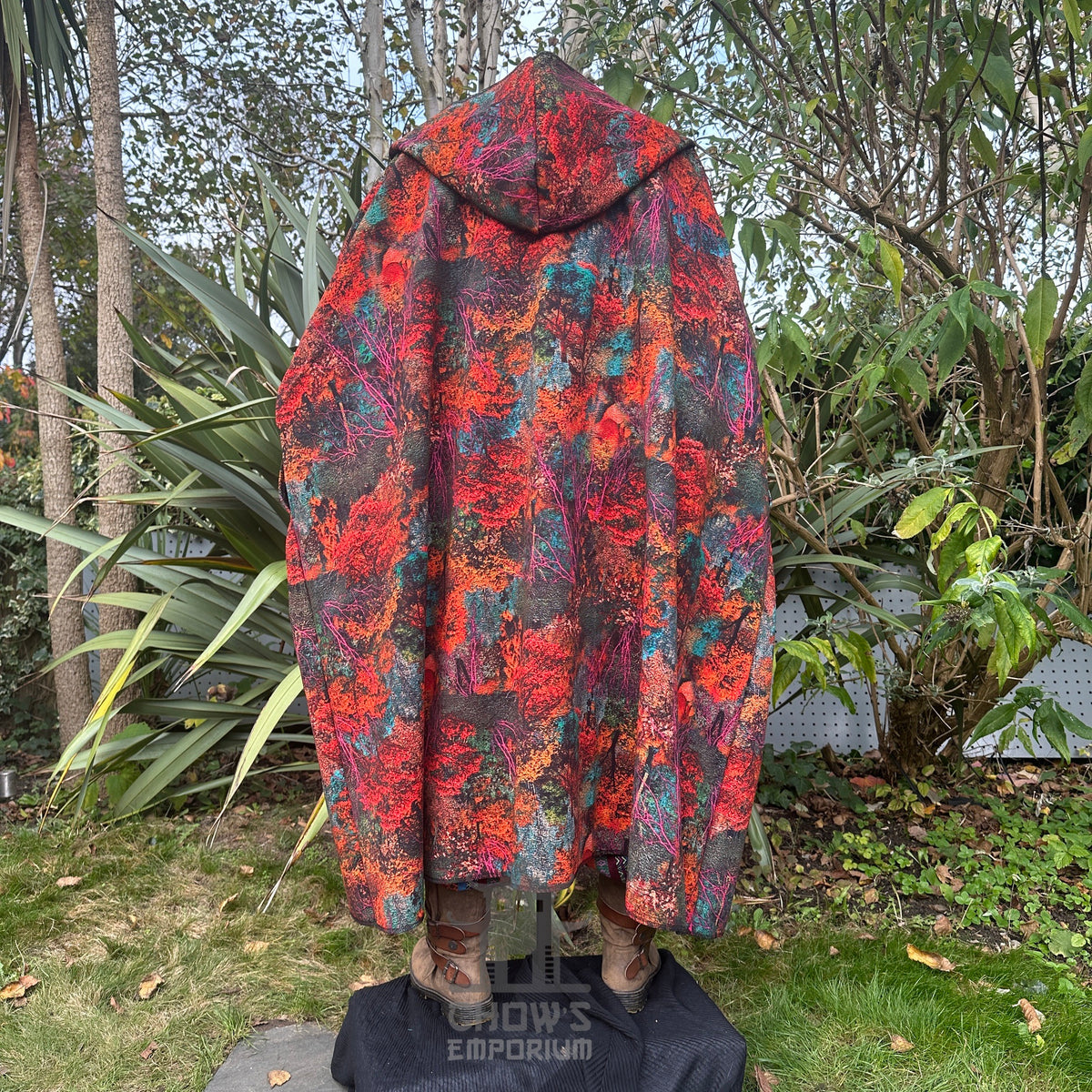 Back view of vibrant autumn leaf-patterned druid cloak for LARP.