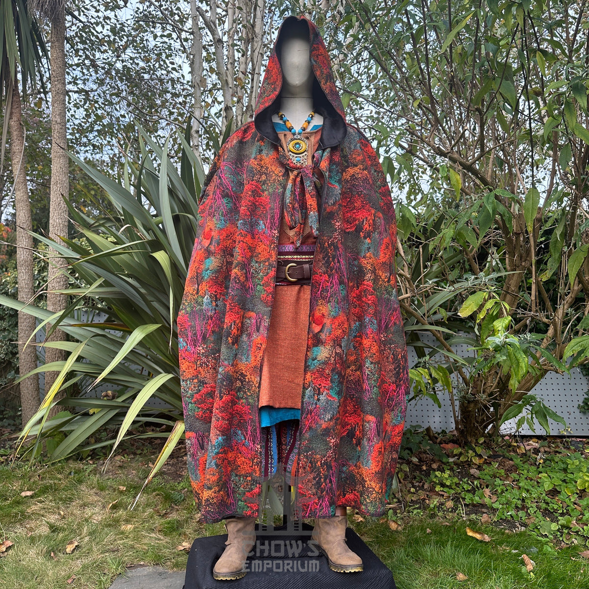 Front view of hooded Autumn Druid Cloak with fur trim, medieval fantasy LARP costume for.
