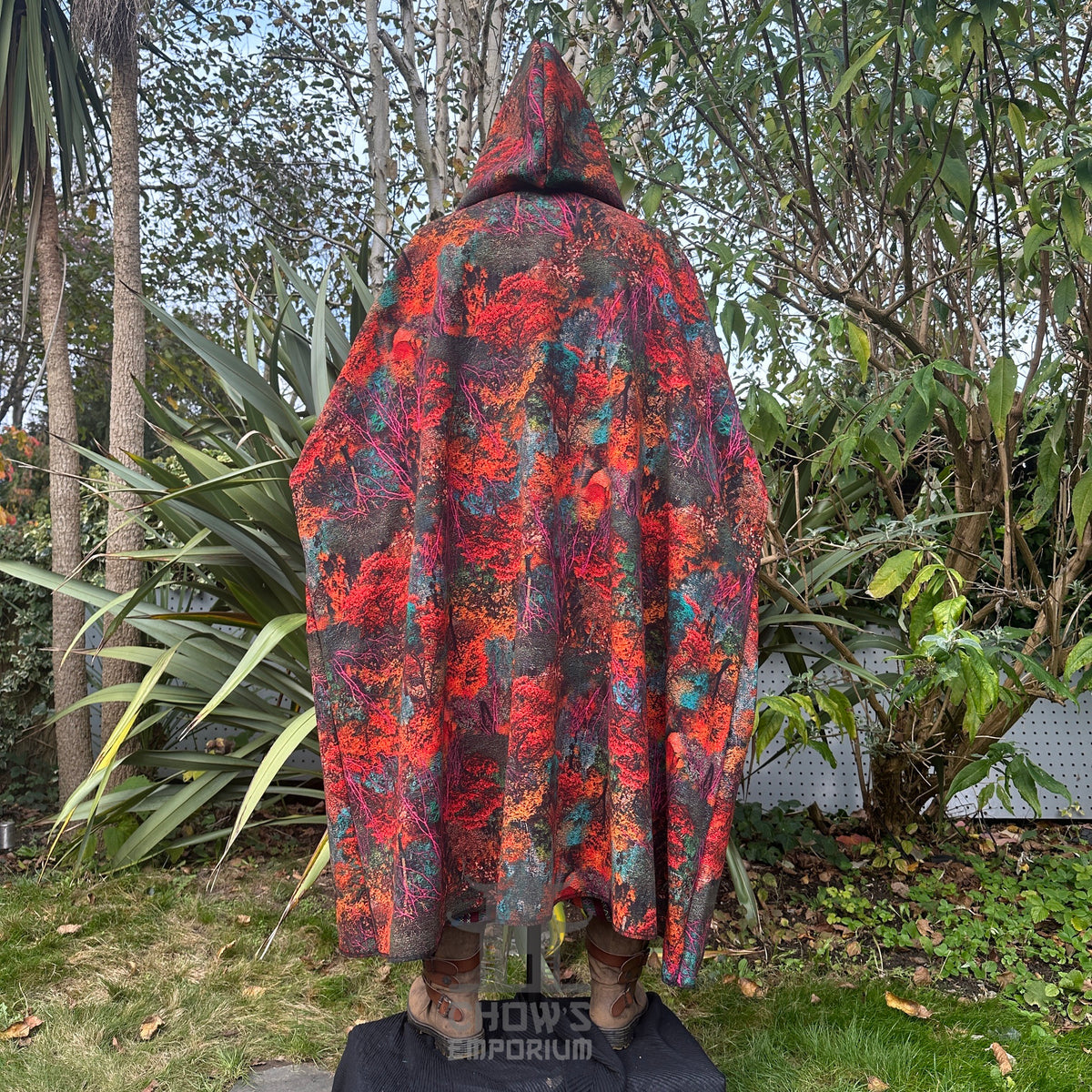 Full-length back view of hooded Autumn Druid Cloak with autumnal design, medieval fantasy LARP.