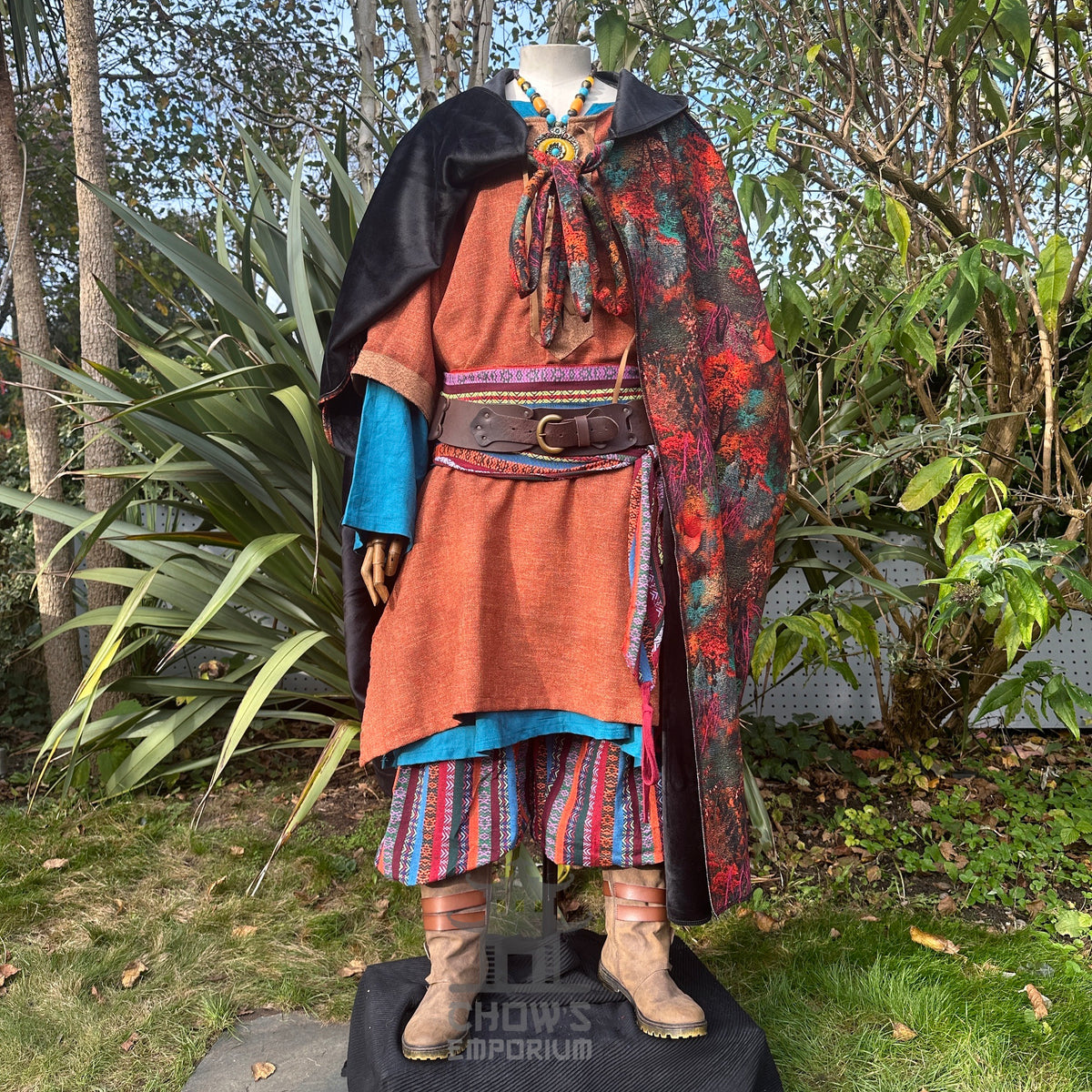 Partial inside view of Autumn Druid Cloak with faux fur trim, fantasy medieval cosplay costume.