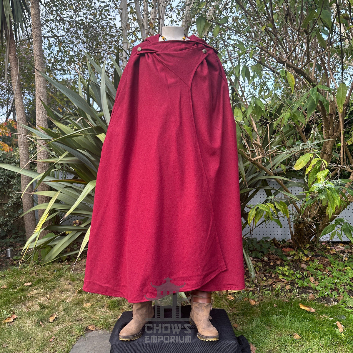 Front closed view of red wool LARP cloak, medieval fantasy cosplay costume for wizards, nobles.