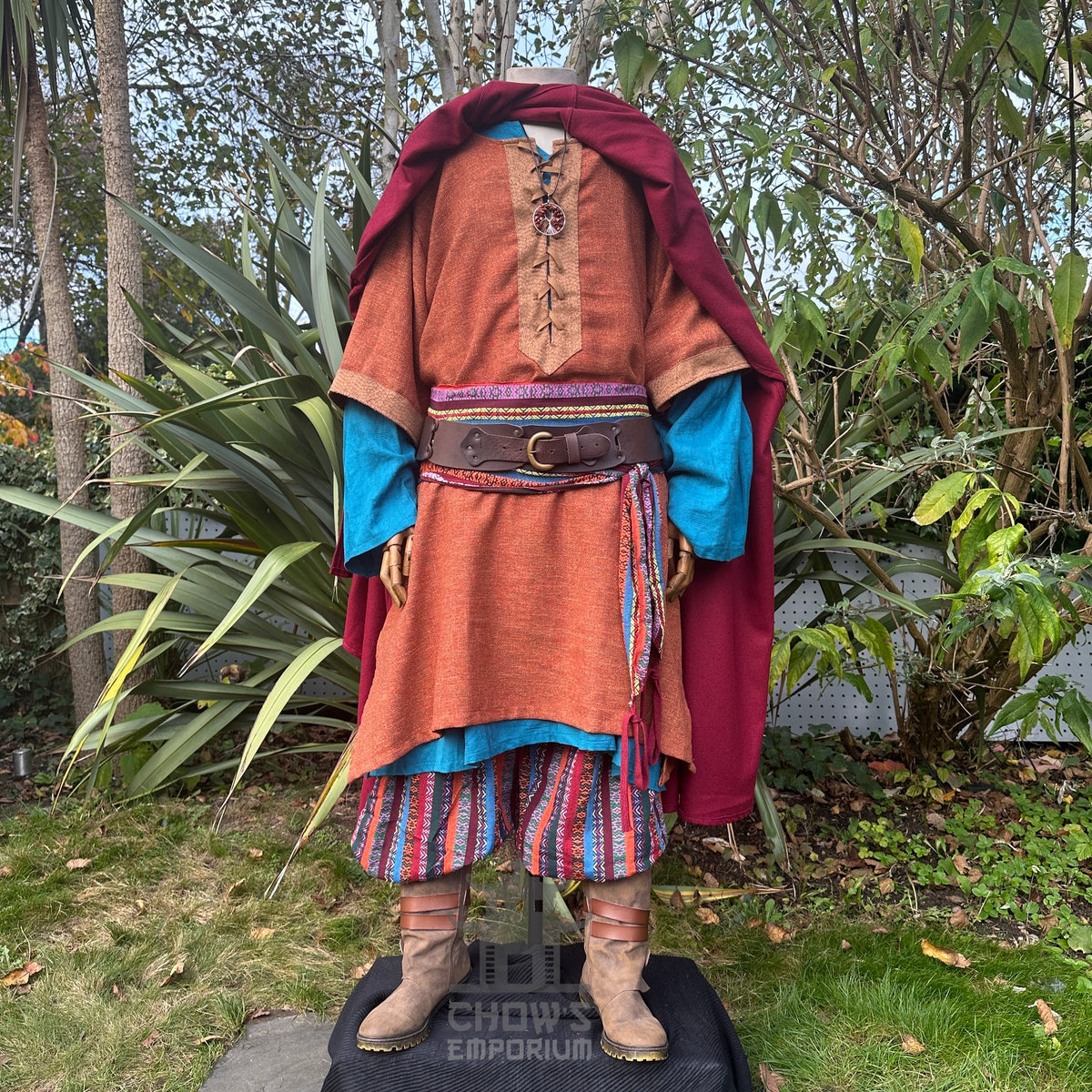 Front open view of red wool LARP cloak, medieval fantasy cosplay costume for wizards, nobles, or.